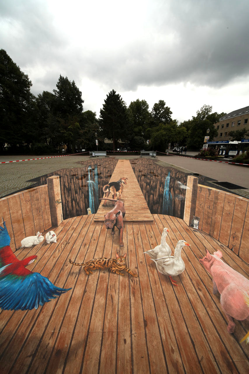 Boat with wooden floor and animals emerging.